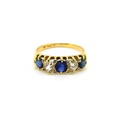 Antique Victorian Sapphire and Diamond Five Stone Ring in 18ct Yellow Gold