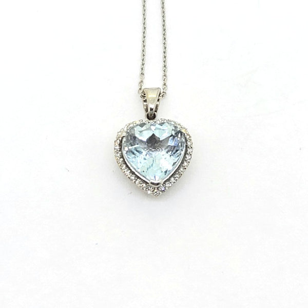 3ct Aquamarine and Diamond Heart Cluster Pendant, Pretty heart-shaped aquamarine in a diamond surround in 14ct white gold on a fine white gold chain