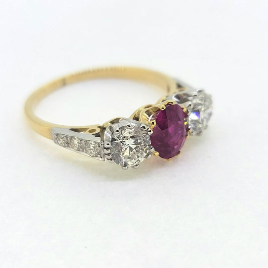 1.26ct Ruby and Diamond Three Stone Trilogy Engagement Ring in 18ct Yellow Gold