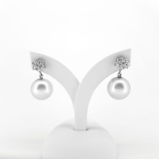 South Sea Pearl and Diamond Cluster Drop Earrings