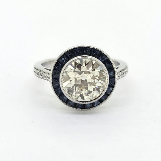 2.22ct Old Cut Diamond and Calibre Sapphire Target Engagement Ring