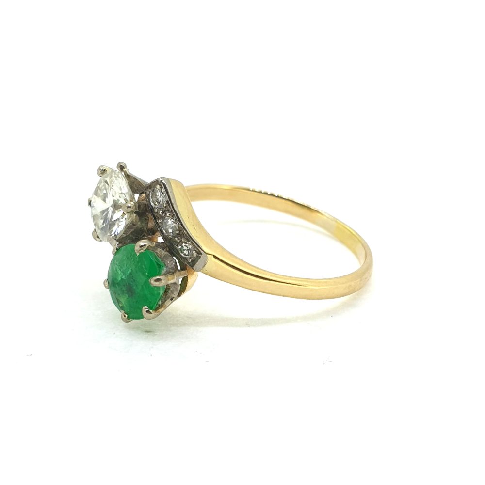 Vintage Emerald and Diamond Toi et Moi Two Stone Crossover Engagement Ring