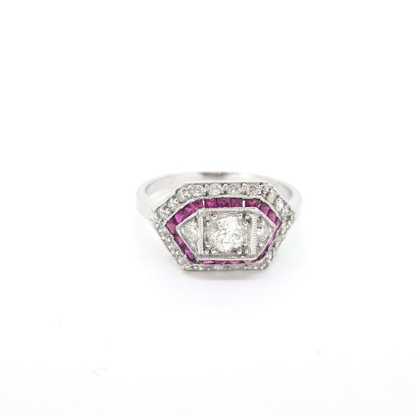 Art Deco Style Calibre Ruby and Diamond Cluster Ring