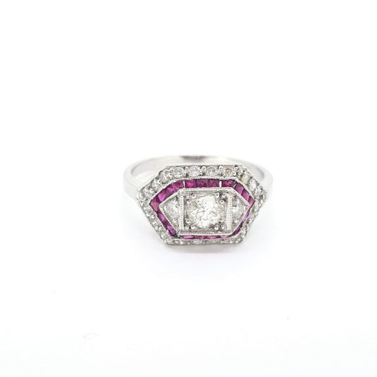 Art Deco Style Calibre Ruby and Diamond Cluster Ring