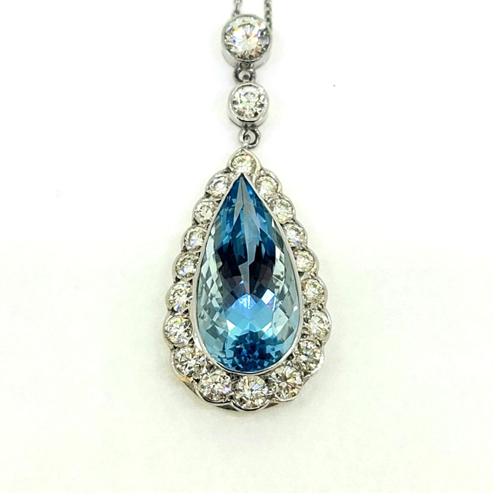 8ct Pear Cut Aquamarine and 2ct Diamond Cluster Pendant in Platinum
