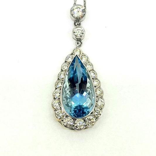 8ct Pear Cut Aquamarine and 2ct Diamond Cluster Pendant in Platinum