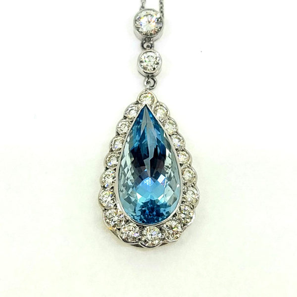 8ct Pear Cut Aquamarine and 2ct Diamond Cluster Pendant in Platinum