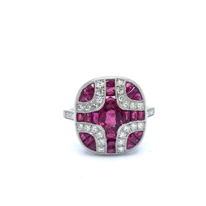 Art Deco Style Ruby and Diamond Cluster Dress Ring in Platinum