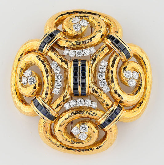 David Webb Ancient World Collection 7ct Sapphire 6.40ct Diamond and Gold Pendant come Brooch