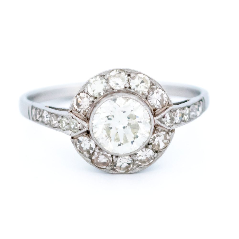 Vintage Old Cut Diamond Halo Ring In Platinum
