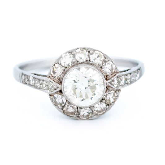 Vintage Old Cut Diamond Halo Ring In Platinum