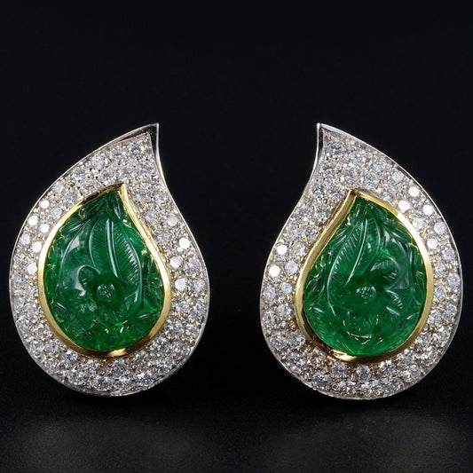 Vintage 22cts Carved Mughal Emerald and Diamond Cluster Clip On Earrings