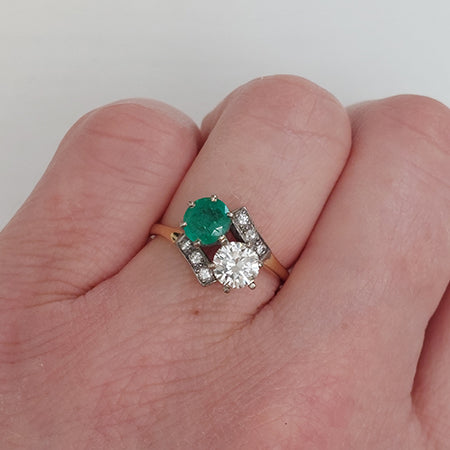 Vintage 0.65ct Diamond and Emerald Toi et Moi Two Stone Crossover Engagement Ring