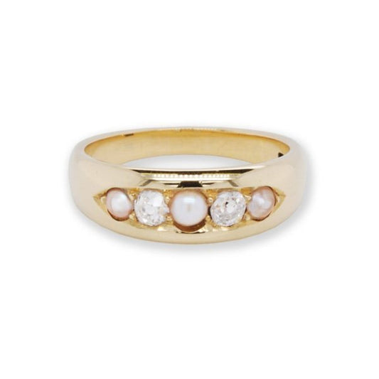 Vintage 1930's Pearl and Diamond Five-Stone Ring, 18ct Yellow Gold