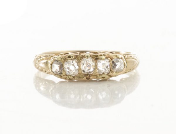 Antique Victorian Old Cut Diamond Five Stone Ring; set with five graduating old-cut diamonds, in 15ct yellow gold. Made in England, Circa 1860s