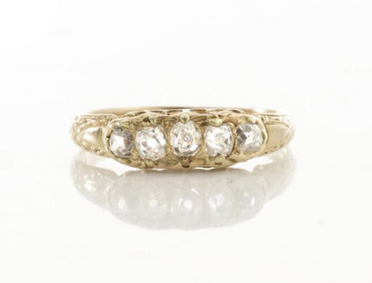 Antique Victorian Old Cut Diamond Five Stone Ring; set with five graduating old-cut diamonds, in 15ct yellow gold. Made in England, Circa 1860s