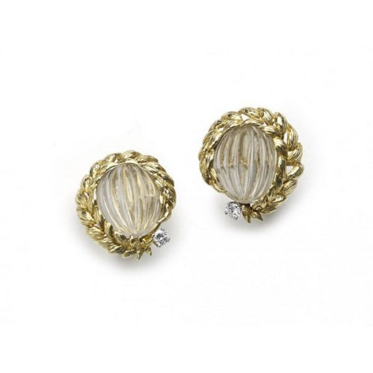 Vintage David Webb Rock Crystal, Diamond and Gold Earrings; melon cut carved rock crystal with gold leaf style garland surrounds and round brilliant-cut diamond accents, Signed, Circa 1980
