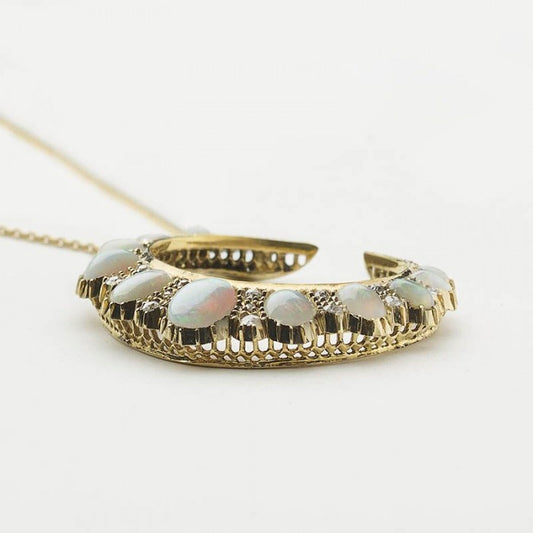 Antique Victorian Opal And Diamond Crescent Pendant, Circa 1888