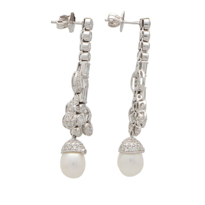 Art Deco Inspired Pearl and Diamond Drop Earrings