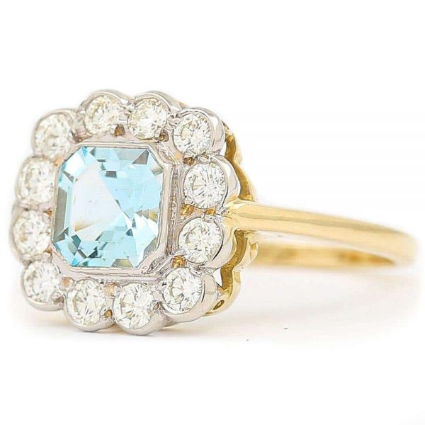 Aquamarine and Diamond 18ct Yellow Gold Art Deco Style Ring with Gem Cert