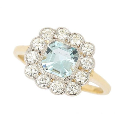 Aquamarine and Diamond 18ct Yellow Gold Art Deco Style Ring with Gem Cert