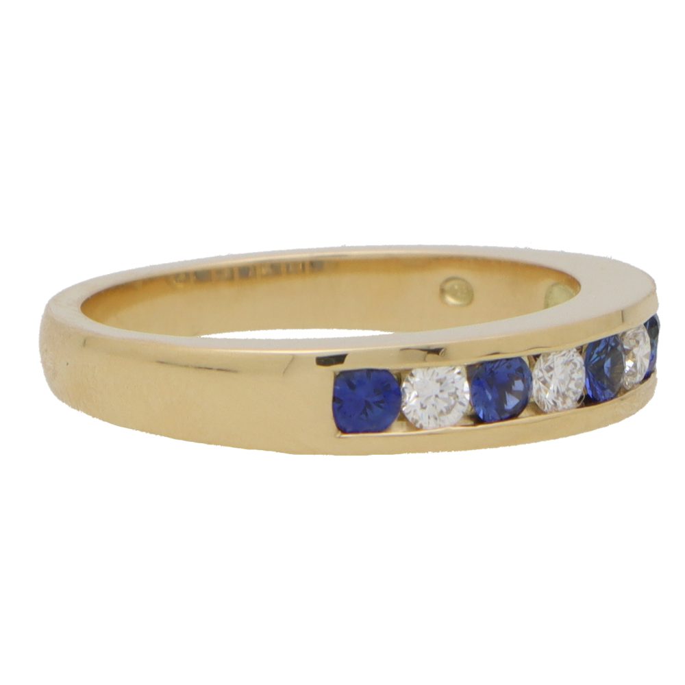 Channel Set Sapphire and Diamond Half Eternity Band Ring in 18ct Yellow Gold