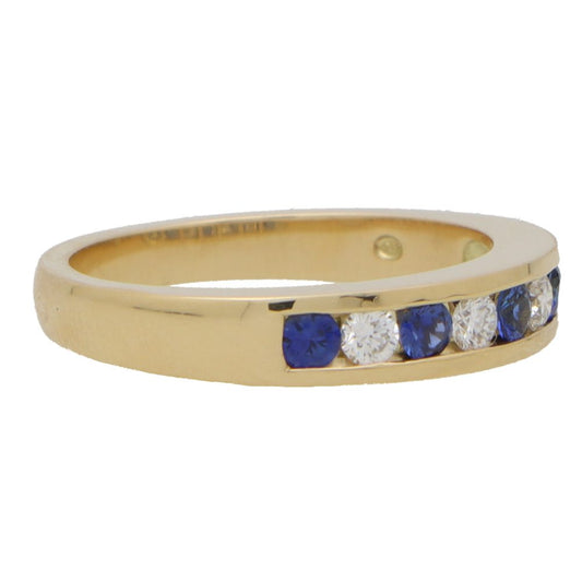 Channel Set Sapphire and Diamond Half Eternity Band Ring in 18ct Yellow Gold
