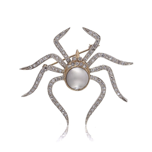 Diamond and Natural Pearl Spider Brooch in 9ct Gold and Silver