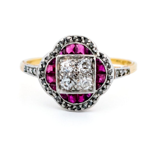 Antique Art Deco Ruby and Diamond Cluster Ring