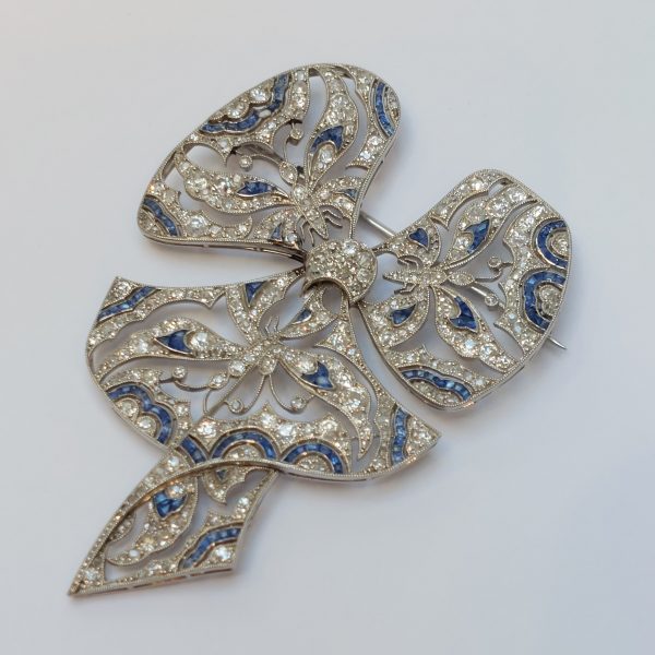 Antique Edwardian Diamond Sapphire Butterfly Bow Brooch