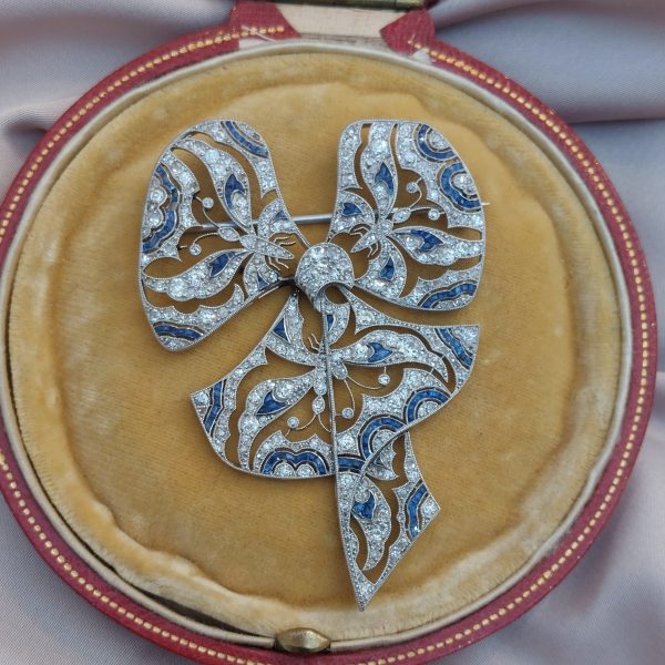 Antique Edwardian Diamond Sapphire Butterfly Bow Brooch