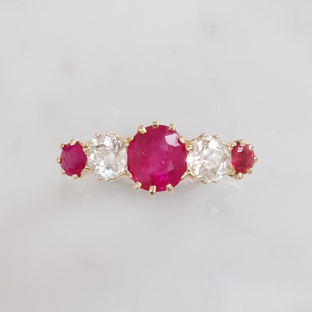 Antique Edwardian Ruby and Diamond Five Stone Ring
