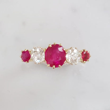 Antique Edwardian Ruby and Diamond Five Stone Ring