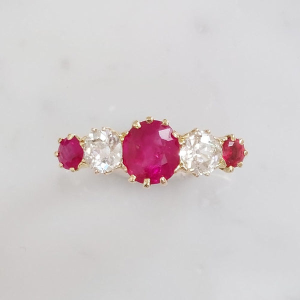 Antique Edwardian Ruby and Diamond Five Stone Ring