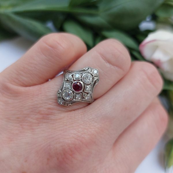 Antique Ruby and Diamond Plaque Dress Ring in Platinum