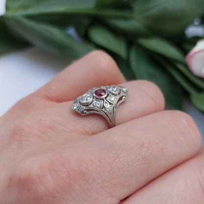 Antique Ruby and Diamond Plaque Dress Ring in Platinum