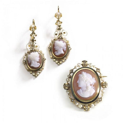 Antique Victorian Cameo Earring & Brooch Suite