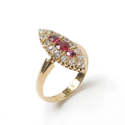Antique Victorian Ruby and Diamond Navette Cluster Ring