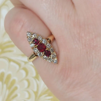 Antique Victorian Ruby and Diamond Navette Cluster Ring
