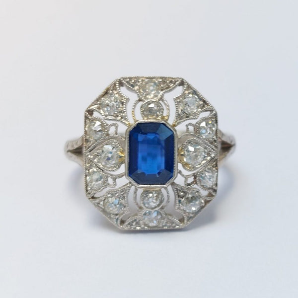 Art Deco Antique Sapphire and Old Cut Diamond Cluster Ring