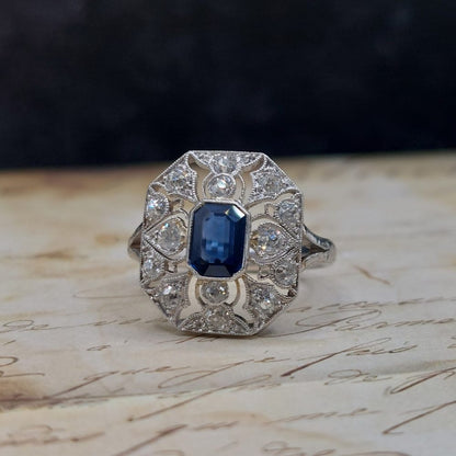Art Deco Antique Sapphire and Old Cut Diamond Cluster Ring