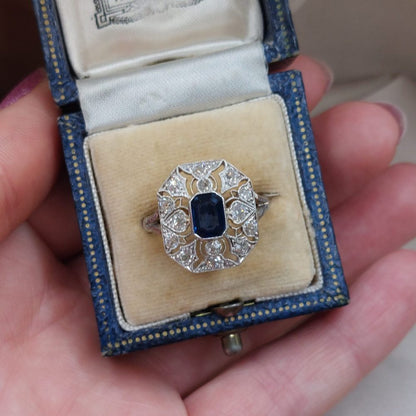 Art Deco Antique Sapphire and Old Cut Diamond Cluster Ring