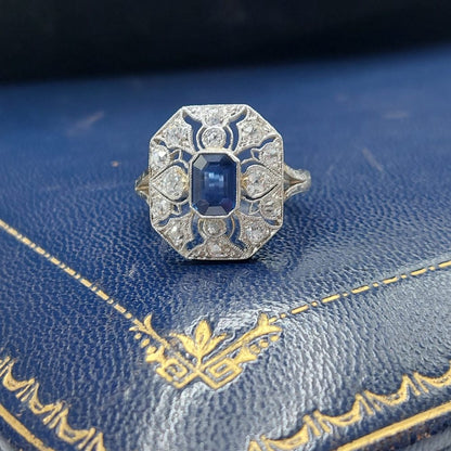 Art Deco Antique Sapphire and Old Cut Diamond Cluster Ring