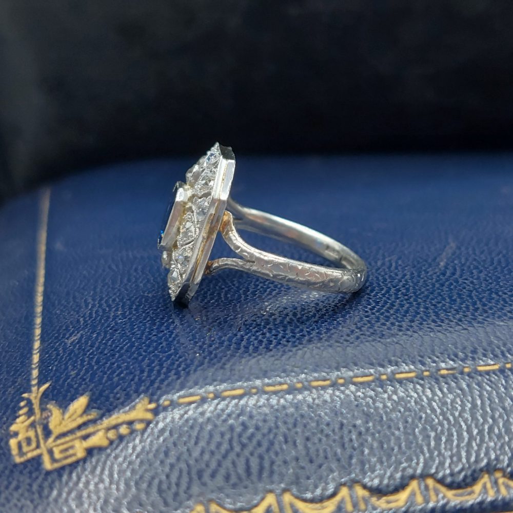 Art Deco Antique Sapphire and Old Cut Diamond Cluster Ring