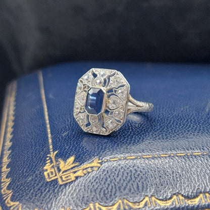 Art Deco Antique Sapphire and Old Cut Diamond Cluster Ring