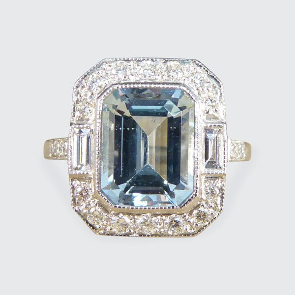 Art Deco Style 2.10ct Aquamarine and Diamond Cluster Ring