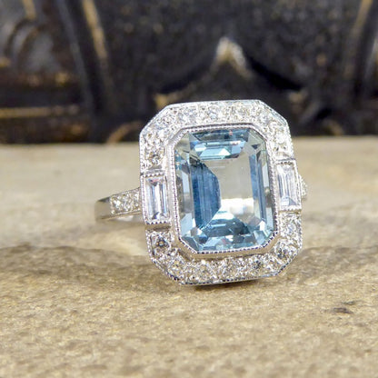 Art Deco Style 2.10ct Aquamarine and Diamond Cluster Ring