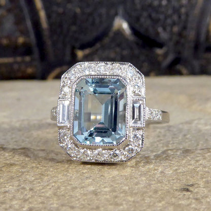 Art Deco Style 2.10ct Aquamarine and Diamond Cluster Ring