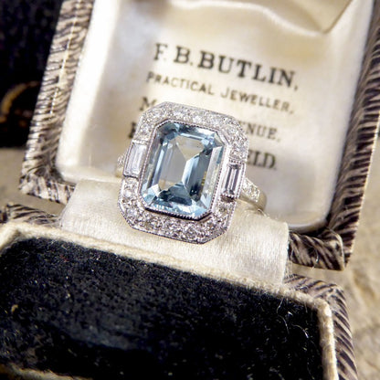 Art Deco Style 2.10ct Aquamarine and Diamond Cluster Ring
