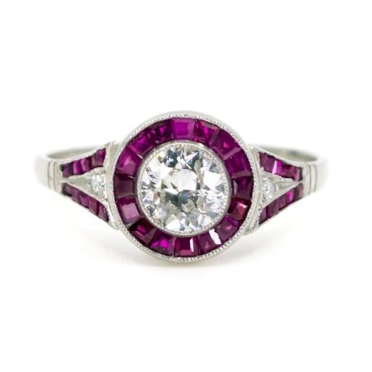 Art Deco Style Diamond and Ruby Target Cluster Platinum Ring